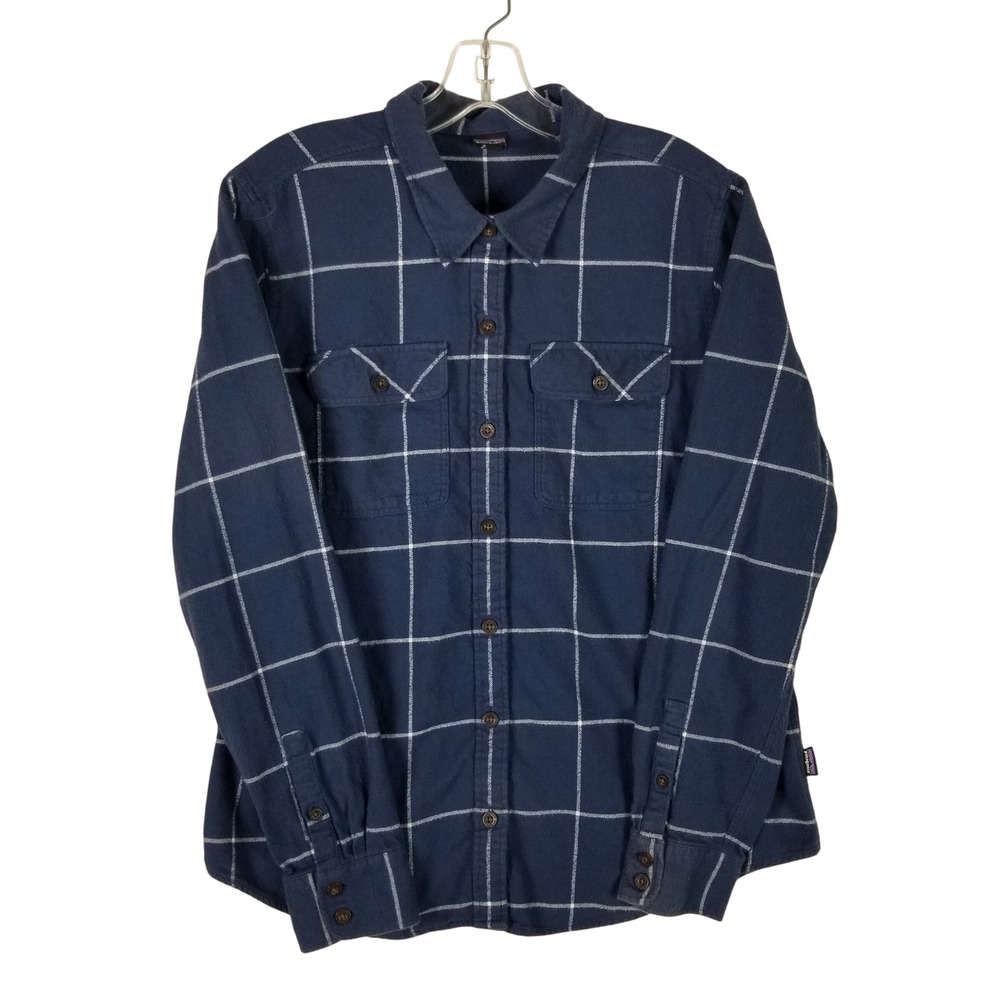 Patagonia Flannel Shirt Mens Large Navy Blue Windowpane Organic Cotton LS